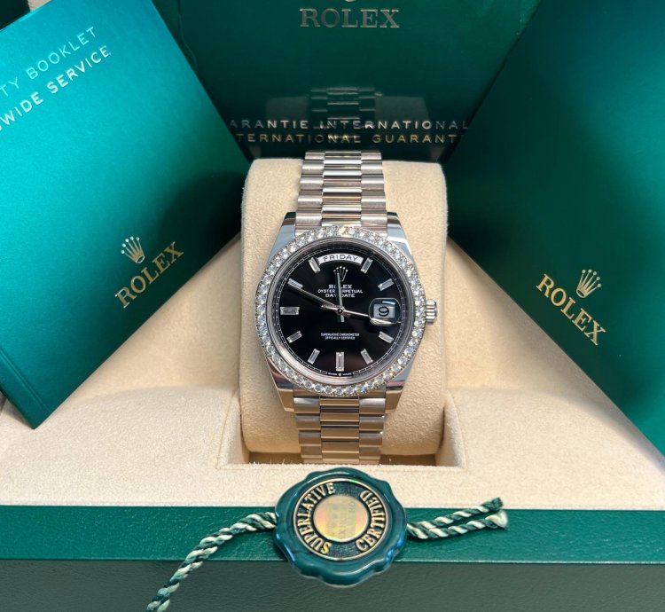 Rolex Day-date 40 Unworn White Gold Day-date Presidential Black Baguette Dial Diamond Bezel 228349rbr