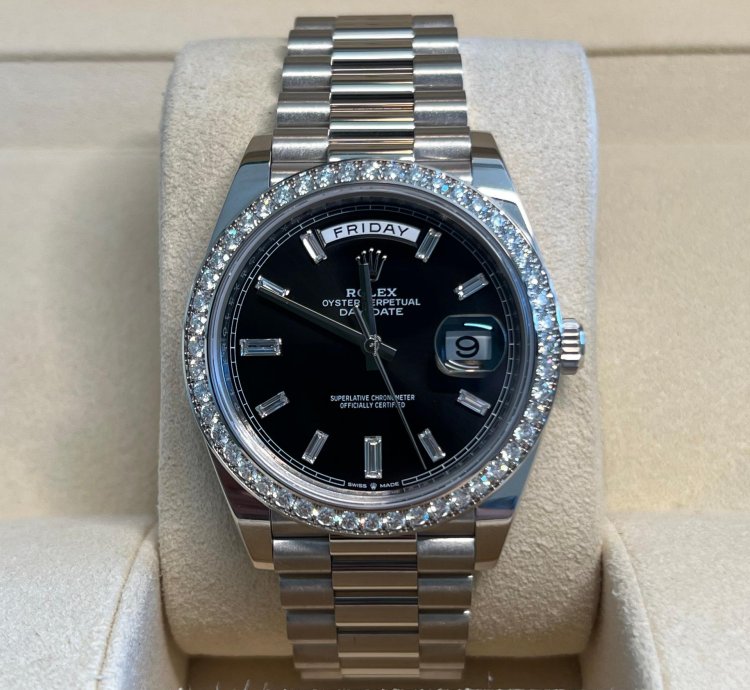 Rolex Day-date 40 Unworn White Gold Day-date Presidential Black Baguette Dial Diamond Bezel 228349rbr
