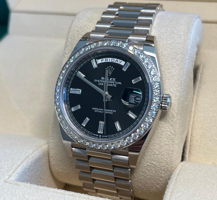 Rolex Day-date 40 Unworn White Gold Day-date Presidential Black Baguette Dial Diamond Bezel 228349rbr