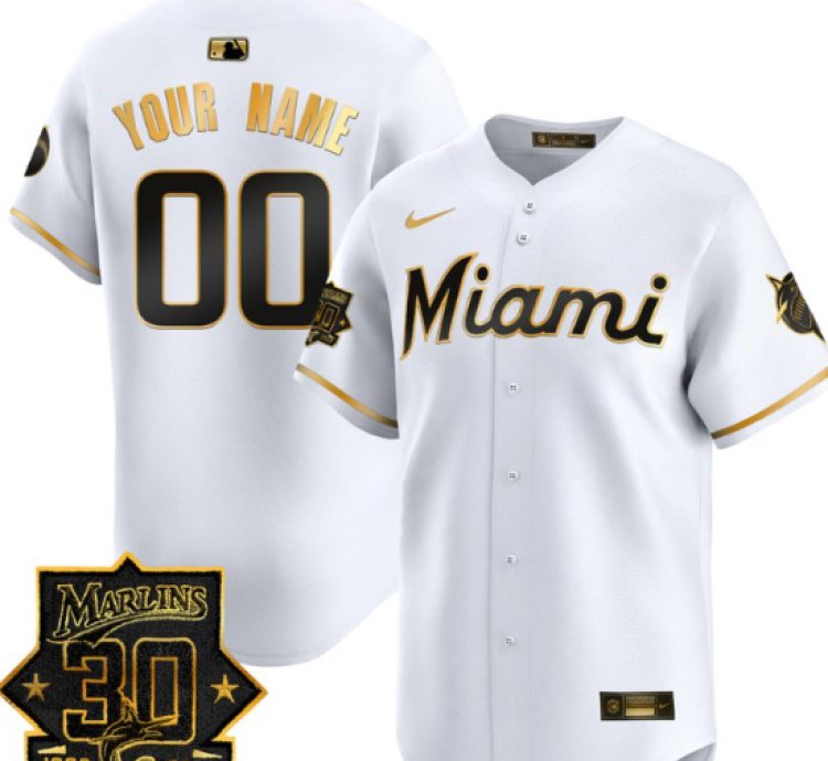 Custom Miami Marlins Jersey 30 Seasons Anniversary Patch Vapor Premier Limited Stitched White Gold