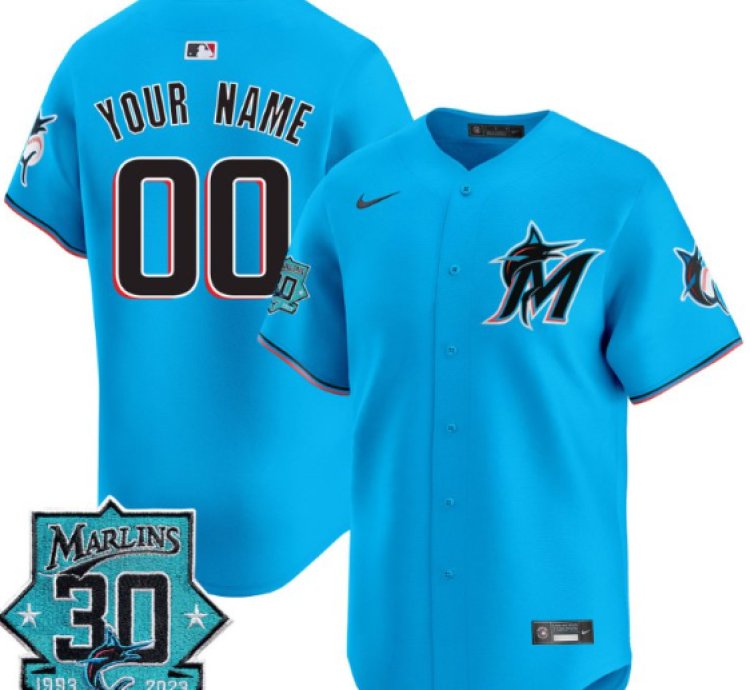 Custom Miami Marlins Jersey 30 Seasons Anniversary Patch Vapor Premier Limited Stitched Blue