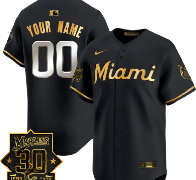 Custom Miami Marlins Jersey 30 Seasons Anniversary Patch Vapor Premier Limited Stitched Black Gold