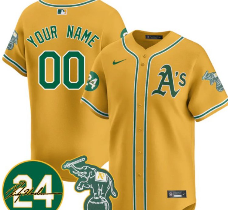 Custom Oakland Athletics Jersey 2025 Rickey Henderson Memorial Stitched Yellow