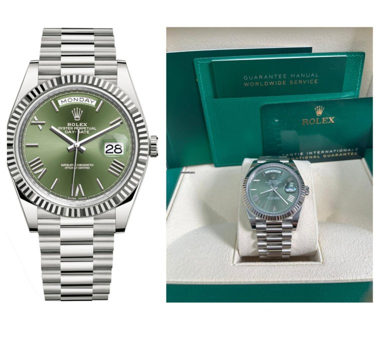 Rolex Day-date 40 White Gold Olive Green Roman Dial Fluted