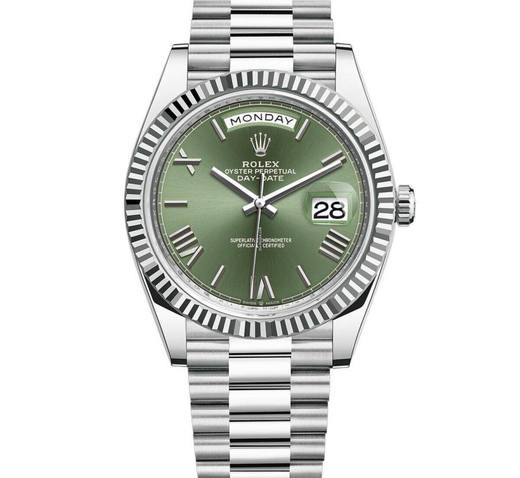 Rolex Day-date 40 White Gold Olive Green Roman Dial Fluted 228236 Platinum Bracelet