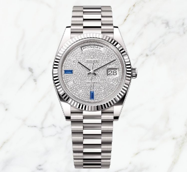 Rolex Day-date 40 White Gold Pave Baguette Dial 228239 new Unworn