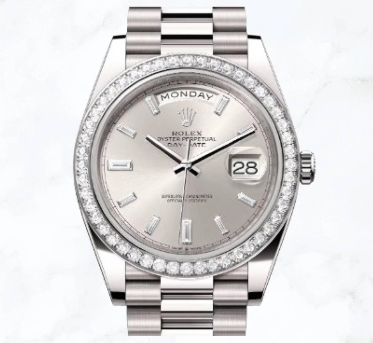 Rolex Day-date 40 White Gold Silver Baguette Dial 228349rbr new Unworn
