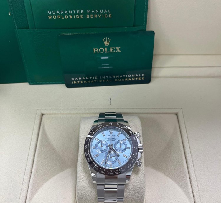 Rolex Daytona Platinum 40mm Ice Blue Diamond Baguette Dial 116506