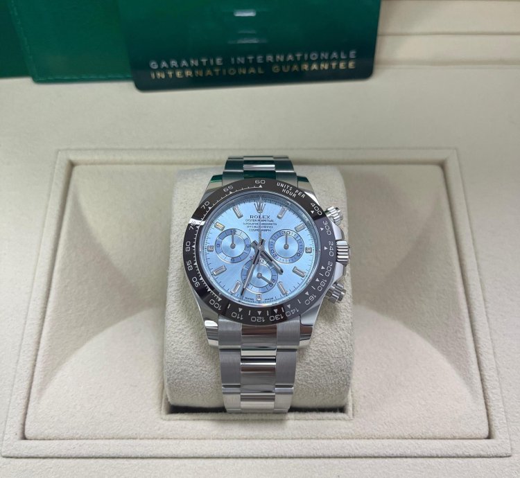 Rolex Daytona Platinum 40mm Ice Blue Diamond Baguette Dial 116506