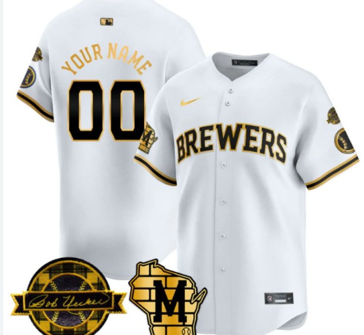 Custom Milwaukee Brewers Jersey Name Number 2025 Limited Bob Uecker Patch Stitched White Gold