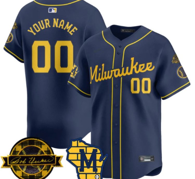 Custom Milwaukee Brewers Jersey Name Number 2025 Limited Bob Uecker Patch Stitched Navy