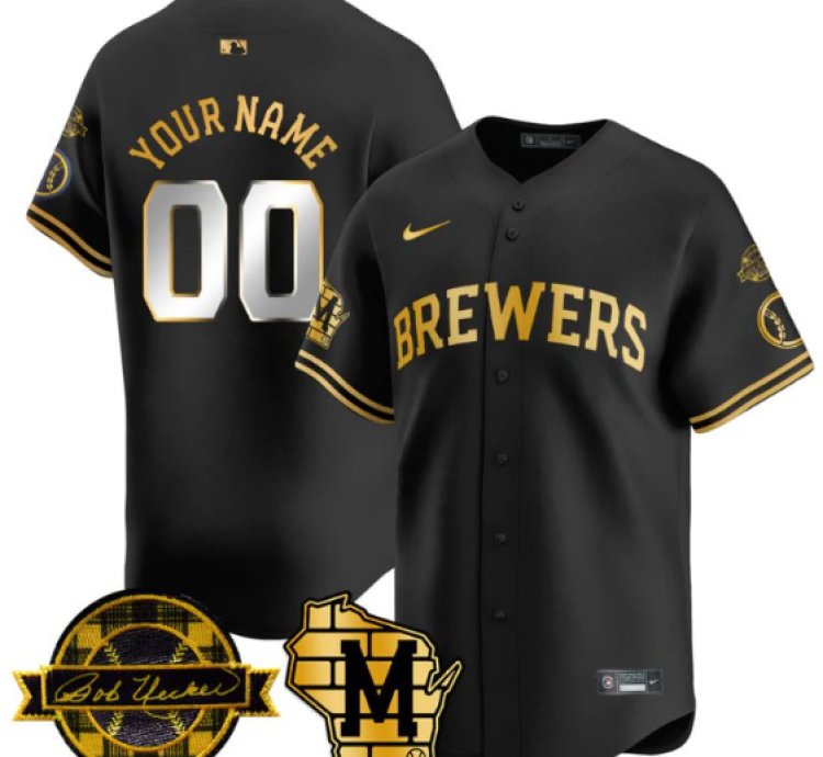 Custom Milwaukee Brewers Jersey Name Number 2025 Limited Bob Uecker Patch Stitched Black Gold