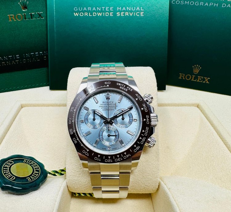 Rolex Daytona Platinum Ice Blue Baguette Diamond Dial Complete Set Unworn 2023