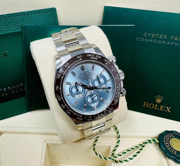 Rolex Daytona Platinum Ice Blue Baguette Diamond Dial Complete Set Unworn 2023