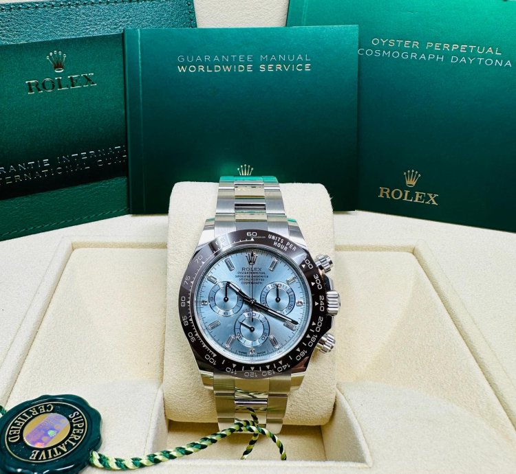 Rolex Daytona Platinum Ice Blue Baguette Diamond Dial Complete Set Unworn 2023