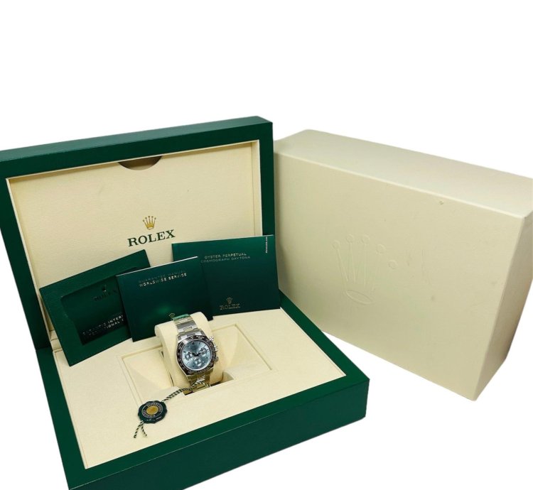 Rolex Daytona Platinum Ice Blue Baguette Diamond Dial Complete Set Unworn 2023