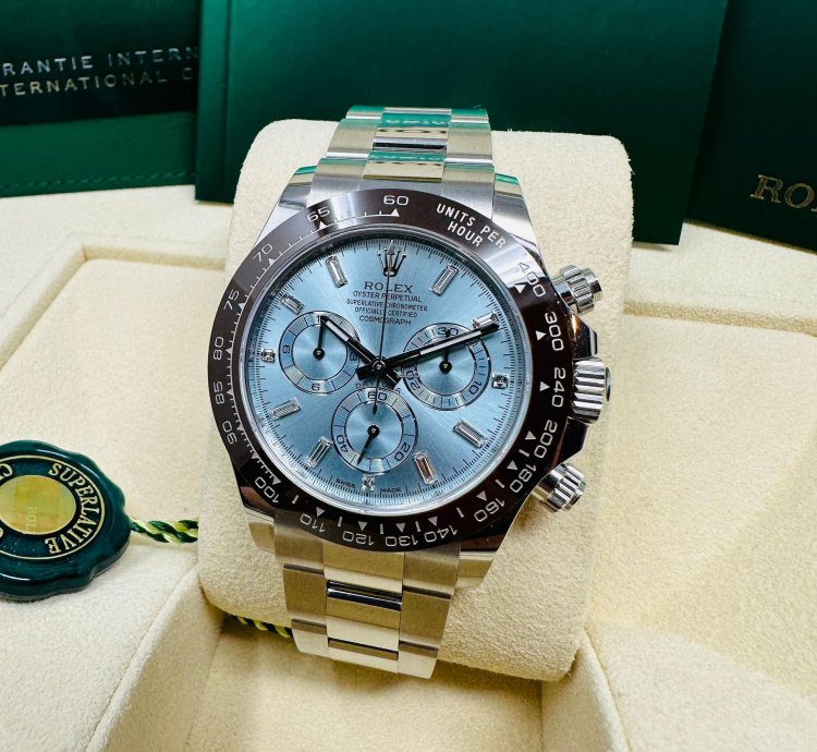 Rolex Daytona Platinum Ice Blue Baguette Diamond Dial Complete Set Unworn 2023