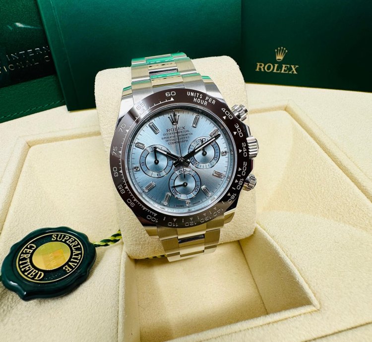 Rolex Daytona Platinum Ice Blue Baguette Diamond Dial Complete Set Unworn 2023