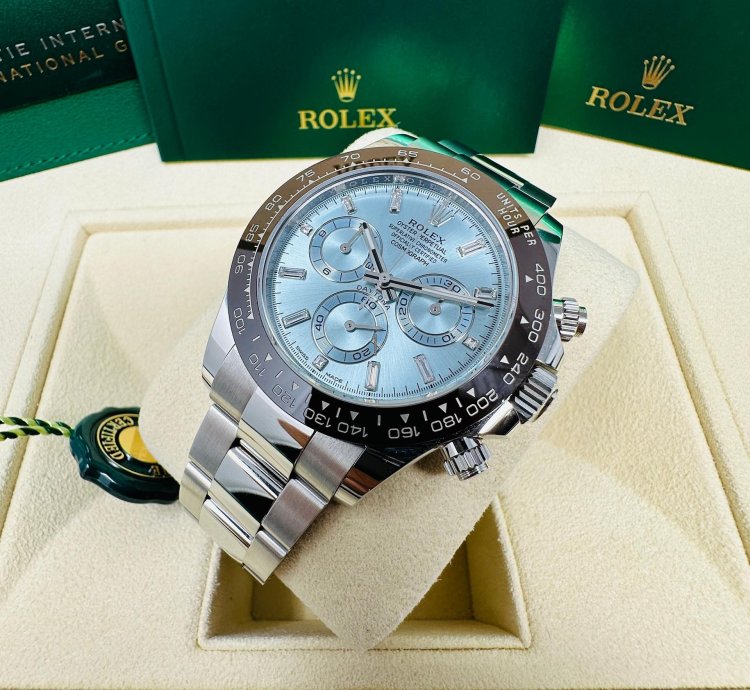 Rolex Daytona Platinum Ice Blue Baguette Diamond Dial Complete Set Unworn 2023