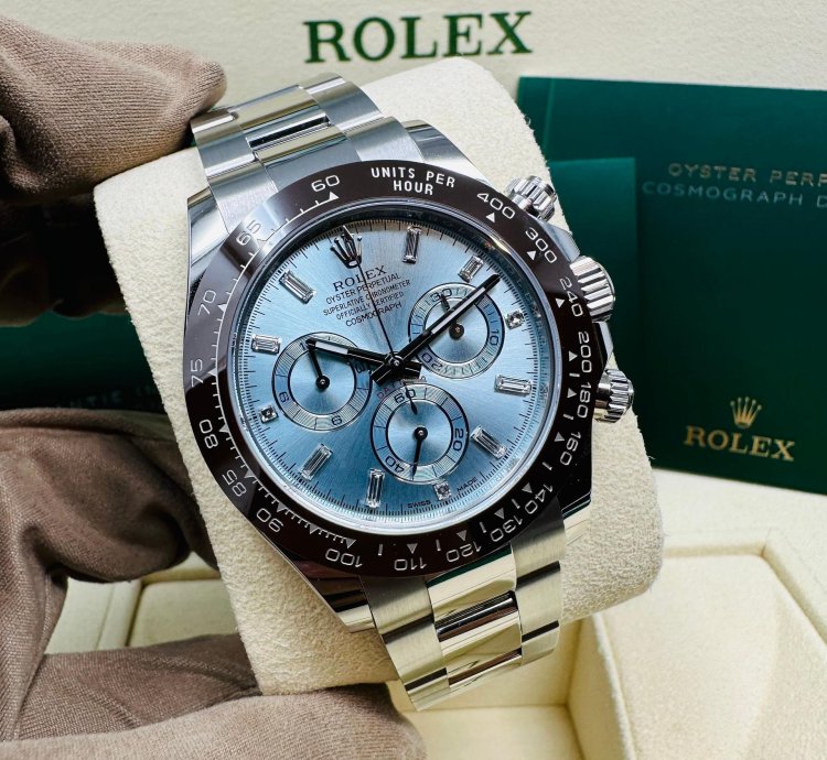 Rolex Daytona Platinum Ice Blue Baguette Diamond Dial Complete Set Unworn 2023