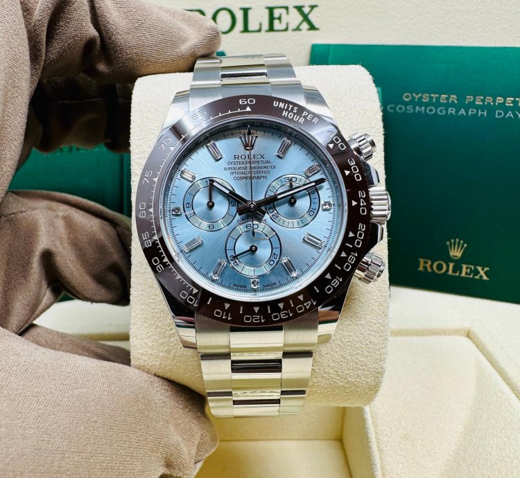 Rolex Daytona Platinum Ice Blue Baguette Diamond Dial Complete Set Unworn 2023
