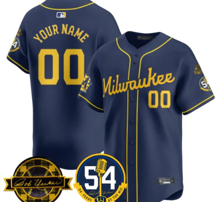 Custom Milwaukee Brewers Jersey 2025 Bob Uecker 54 Seasons For Brewers Stitched Navy
