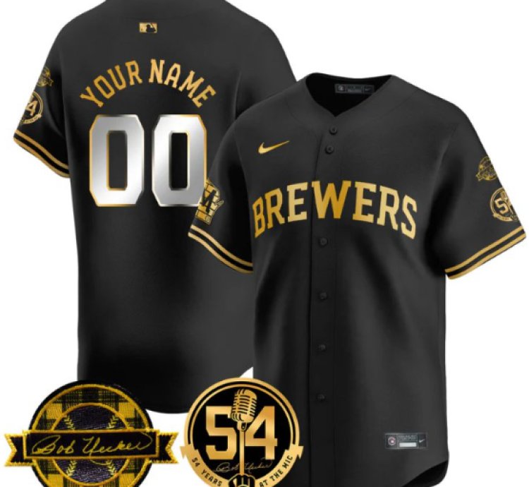 Custom Milwaukee Brewers Jersey 2025 Bob Uecker 54 Seasons For Brewers Stitched Black Gold