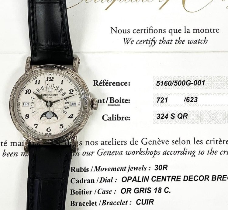 Patek Philippe Perpetual Calendar 5160 500g-001 38mm White Gold With Black Leather Watch 2018