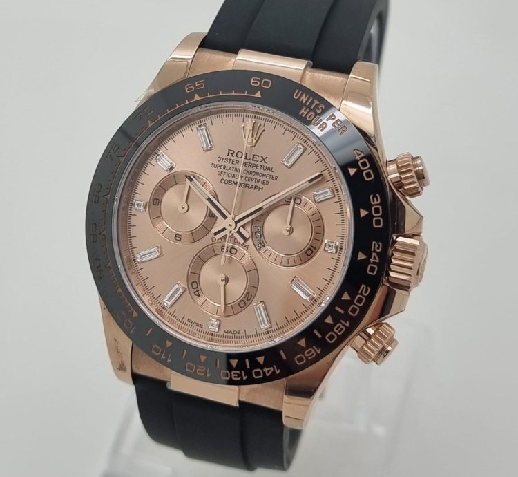 Rolex Daytona Rare Unworn Daytona 18k Rose Gold Diamond Baguette Sundust Dial Oyster Flex Watch Ps