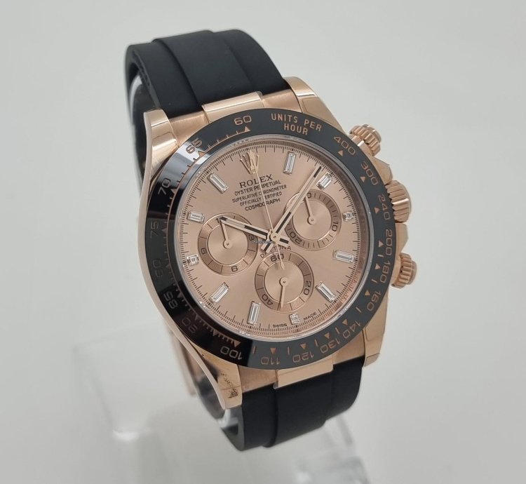 Rolex Daytona Rare Unworn Daytona 18k Rose Gold Diamond Baguette Sundust Dial Oyster Flex Watch Ps