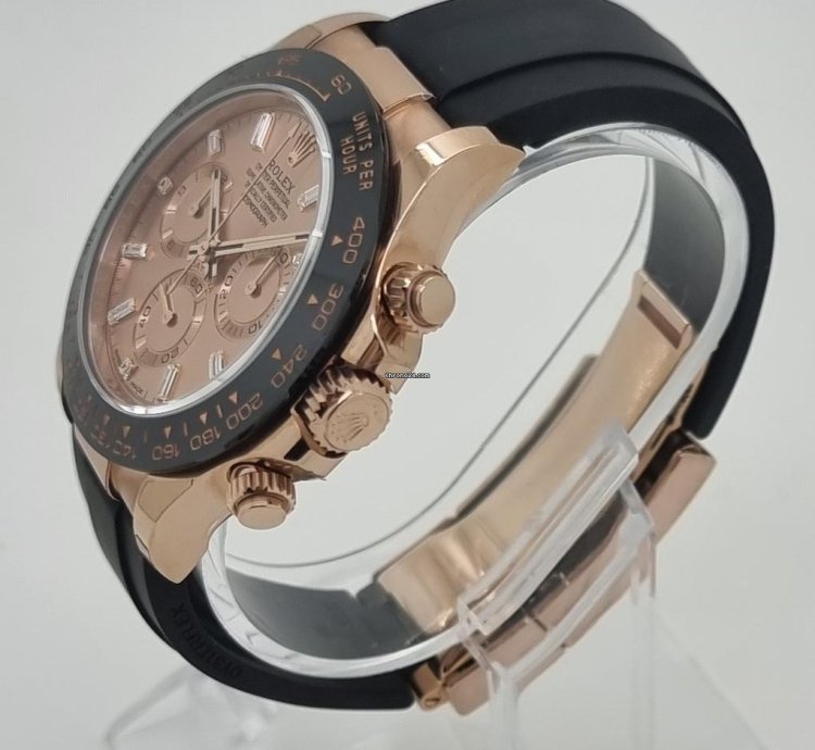 Rolex Daytona Rare Unworn Daytona 18k Rose Gold Diamond Baguette Sundust Dial Oyster Flex Watch Ps
