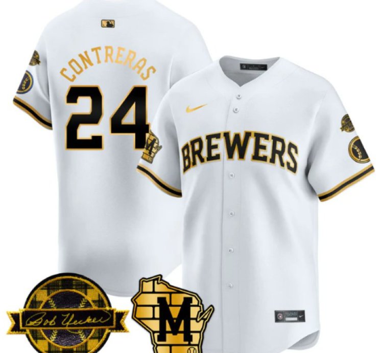 William Contreras Jersey 24 Milwaukee Brewers 2025 Limited Bob Uecker Patch Stitched White Gold