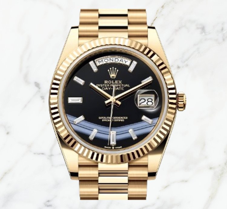 Rolex Day-date 40 Yellow Gold Onyx Baguette Dial 228238 new Unworn