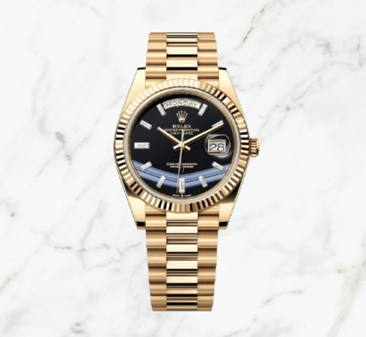Rolex Day-date 40 Yellow Gold Onyx Baguette Dial 228238 new Unworn
