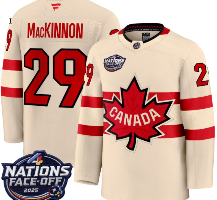 Mens Nathan Mackinnon Jersey 29 Canada 4 Nations Face-off 2025 Stitched Cream