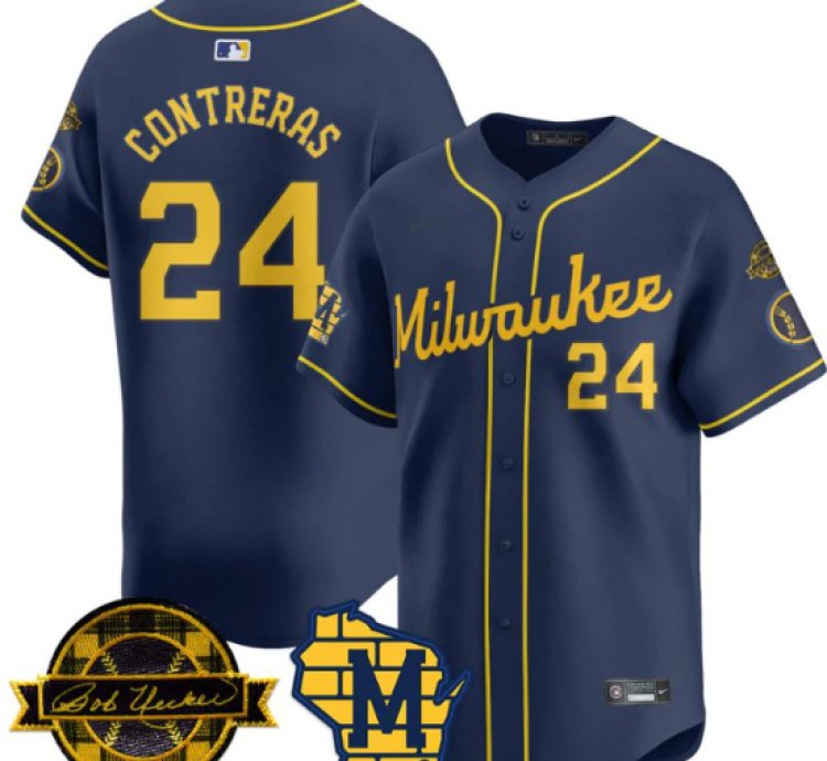William Contreras Jersey 24 Milwaukee Brewers 2025 Limited Bob Uecker Patch Stitched Navy