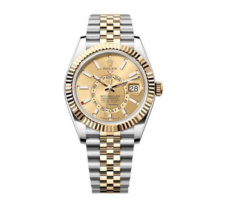 Rolex Sky-dweller New 2023 Champagne Dial Jubilee Bracelet Two Tone Yellow Gold Fluted Bezel 42