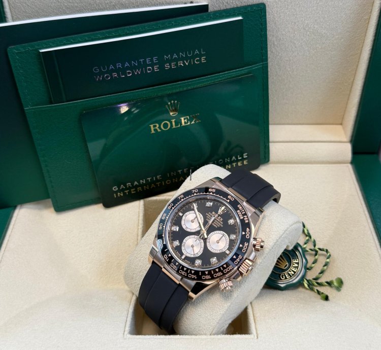 Rolex Daytona Rose Gold Cosmograph Daytona Watch - Black Bezel - Black And Sundust Diamond Dial 126515