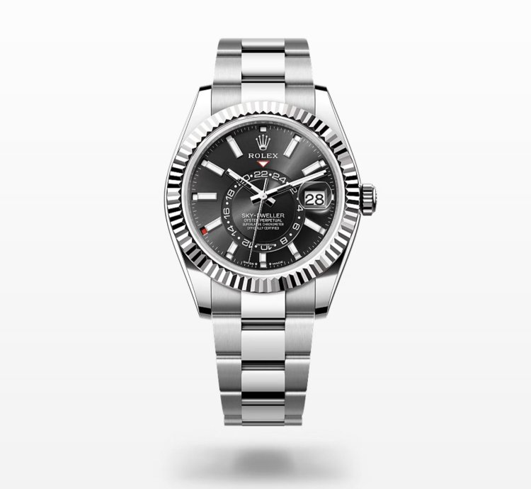 Rolex Sky-dweller New 2024 Black Dial Oyster Bracelet - White Gold Fluted Bezel 42mm Stainless