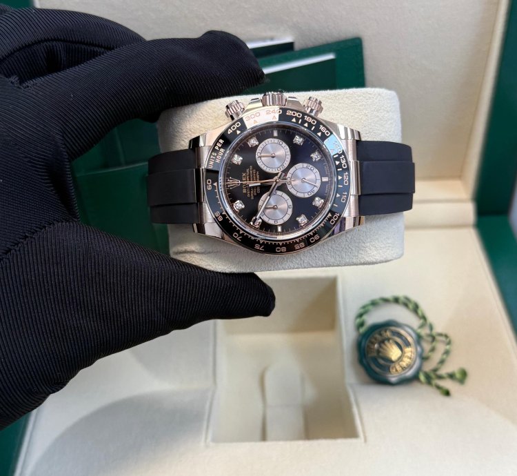 Rolex Daytona Rose Gold Cosmograph Daytona Watch - Black Bezel - Black And Sundust Diamond Dial 126515