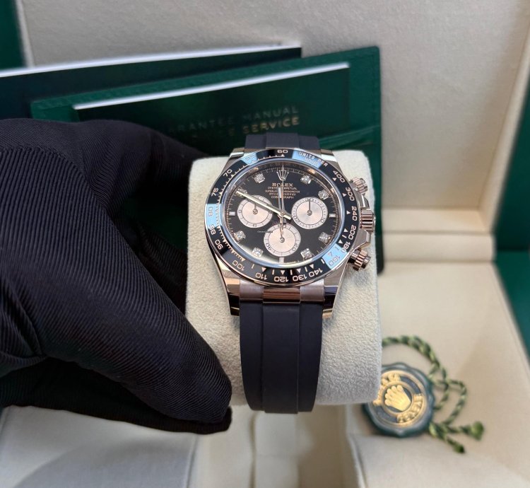 Rolex Daytona Rose Gold Cosmograph Daytona Watch - Black Bezel - Black And Sundust Diamond Dial 126515