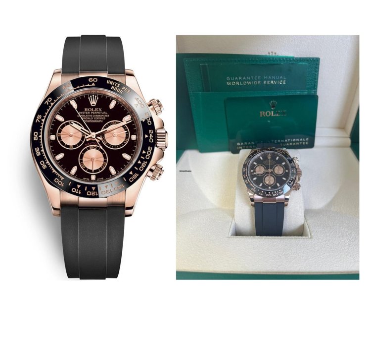 Rolex Daytona Rose Gold Daytona 40 Watch - Black Index Dial - Black Oysterflex Strap Reference 116515ln