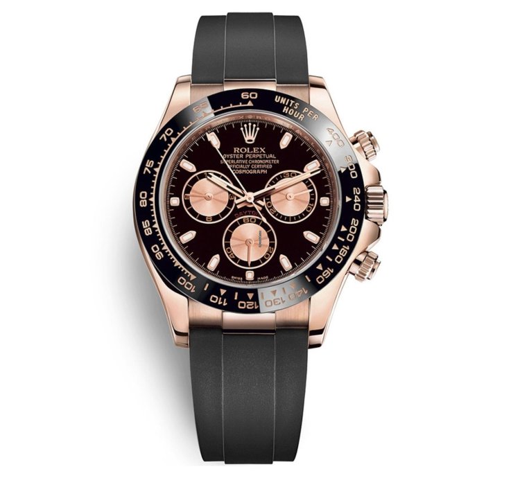 Rolex Daytona Rose Gold Daytona 40 Watch - Black Index Dial - Black Oysterflex Strap Reference 116515ln