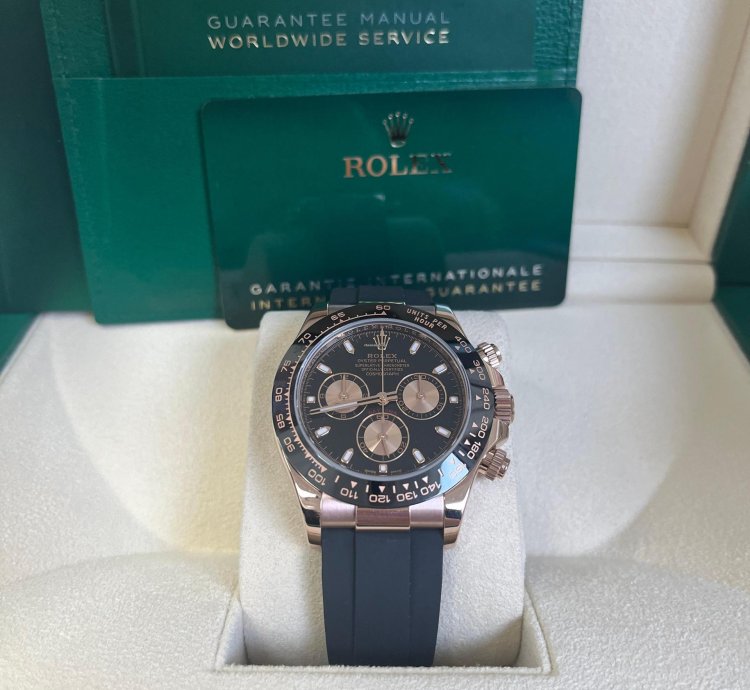 Rolex Daytona Rose Gold Daytona 40 Watch - Black Index Dial - Black Oysterflex Strap Reference 116515ln