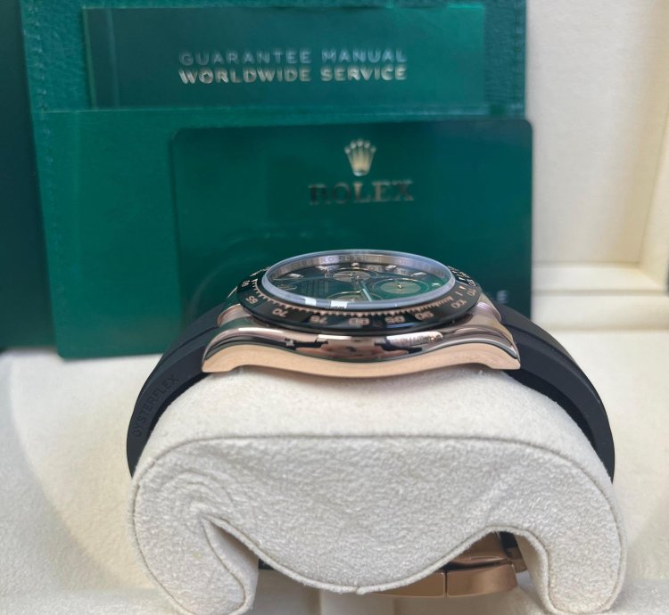Rolex Daytona Rose Gold Daytona 40 Watch - Black Index Dial - Black Oysterflex Strap Reference 116515ln