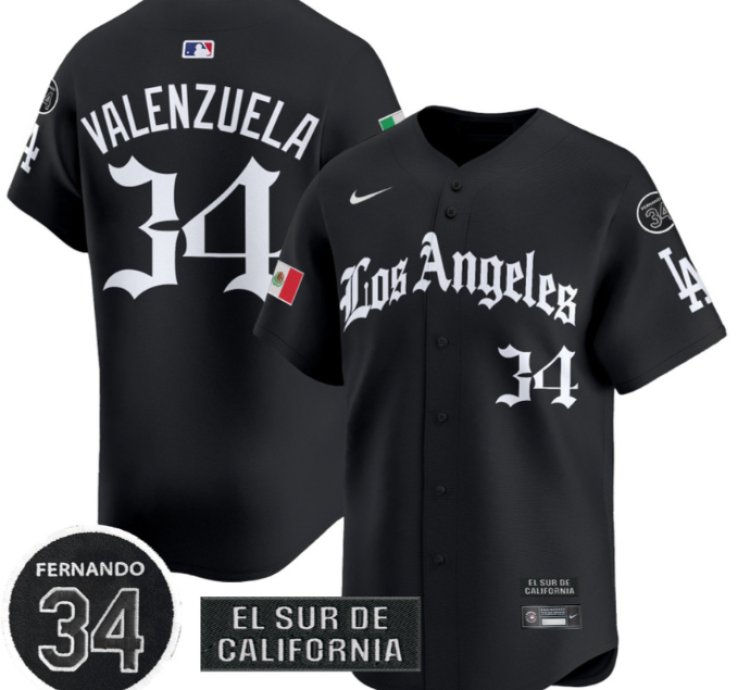 Fernando Valenzuela Jersey 34 Dodgers Mexico 2025 La Gothic Style Patch Limited Stitched Black