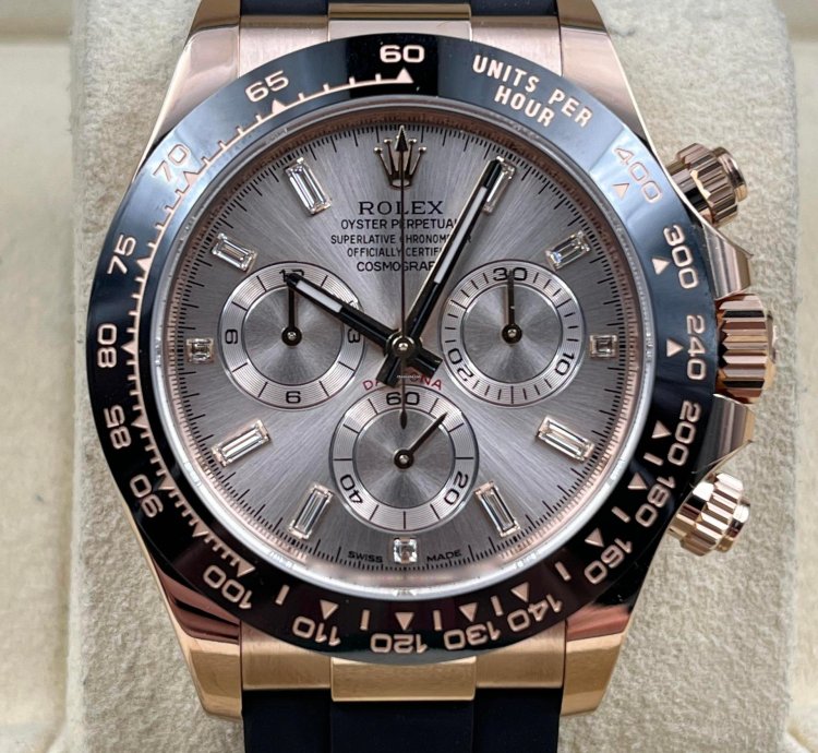 Rolex Daytona Rose Gold Oysterflex Pink Sundust Baguette Dial 116515ln Unworn 2023