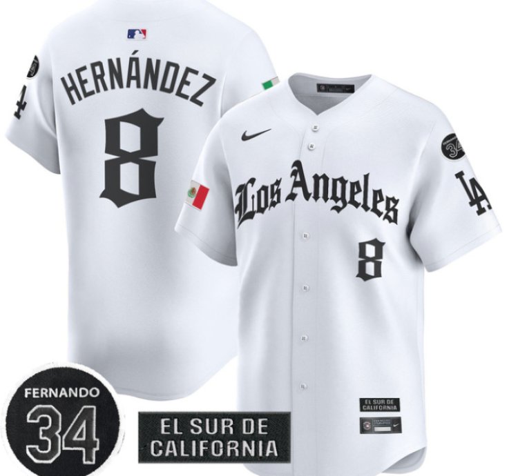 Kike Hernandez Jersey 8 Dodgers Mexico 2025 La Gothic Style Patch Premier Limited Stitched White