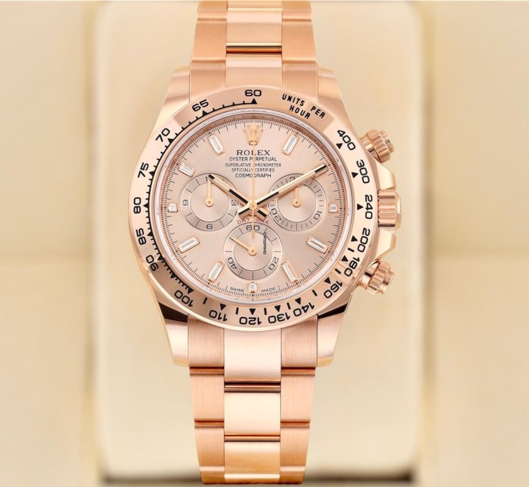 Rolex Daytona Rose Gold Sundust Baguette Diamond Dial Unworn Full Set