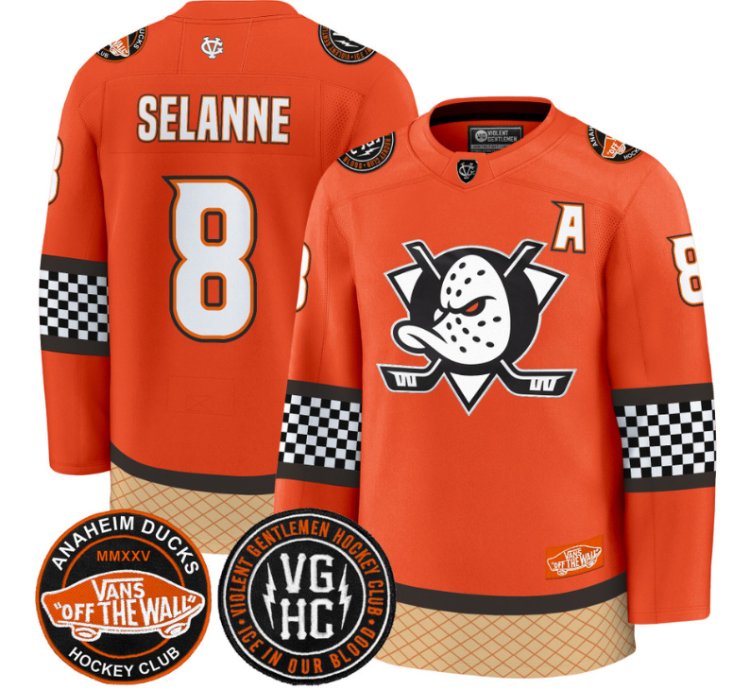 Teemu Selänne Jersey 8 Anaheim Ducks Checkerboard 2025 Premium Stitched Orange